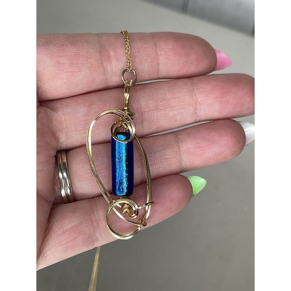 Vintage 14K Gold Filled GF Cable Chain Necklace Blue Wire Wrap Pendant Art